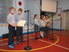P3 and 4 promoting a clean environmental school during assembly